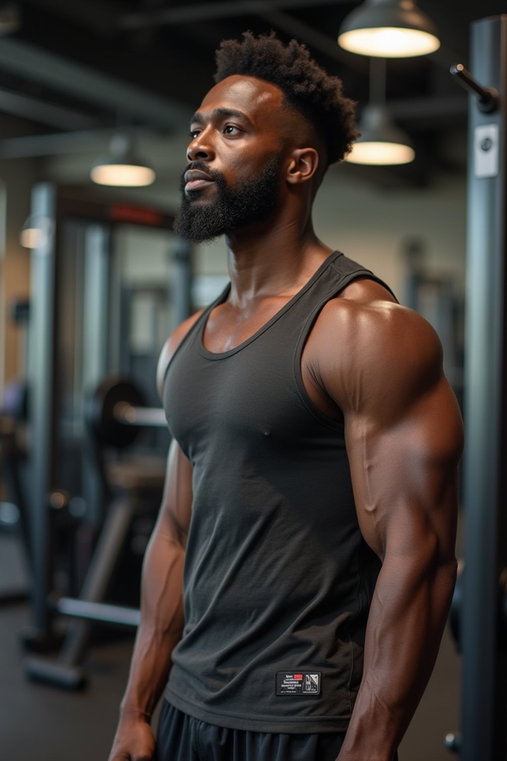 masculine  man in the gym wearing t-shirt and gym shorts