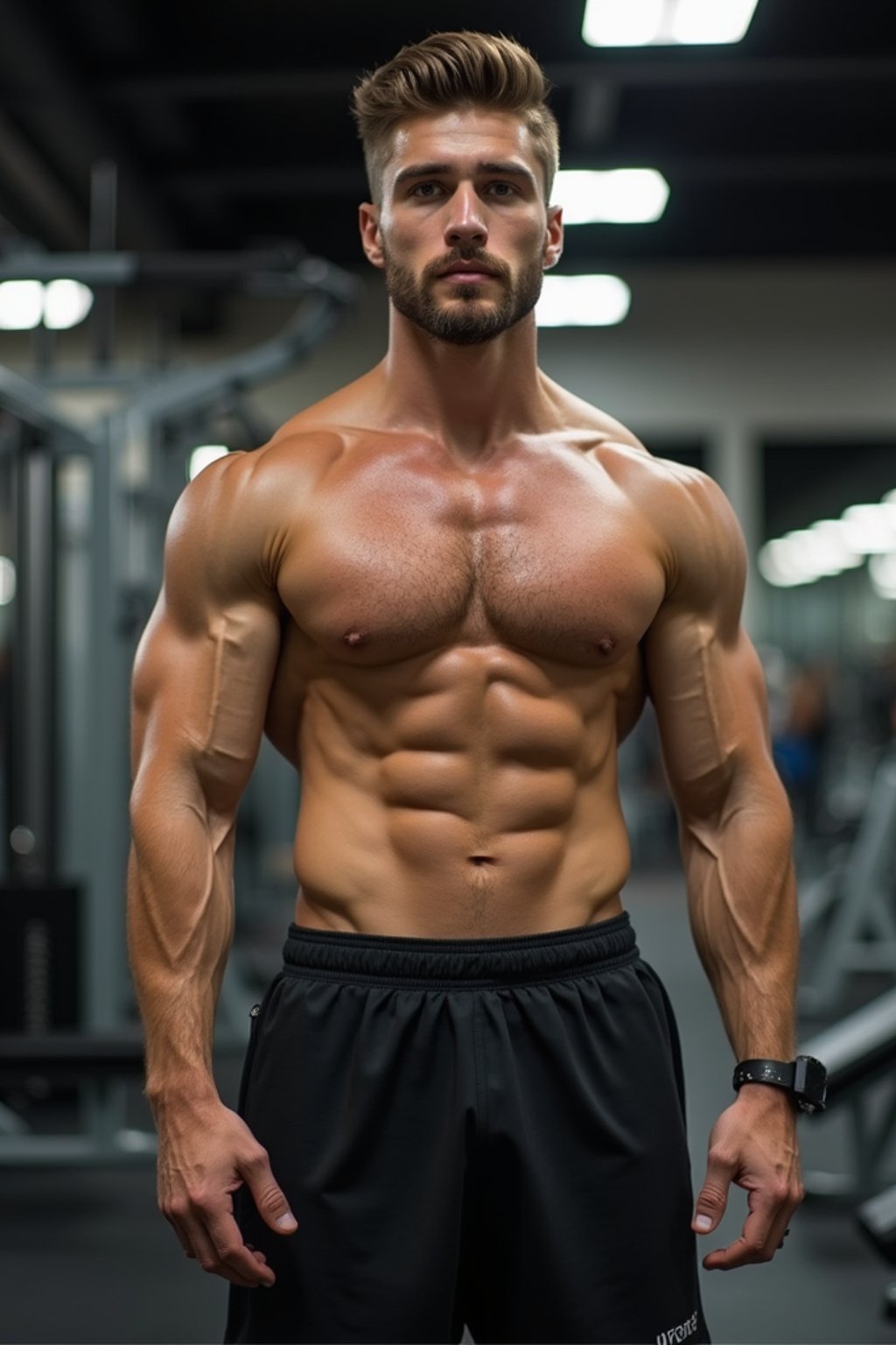 masculine  man in the gym wearing t-shirt and gym shorts