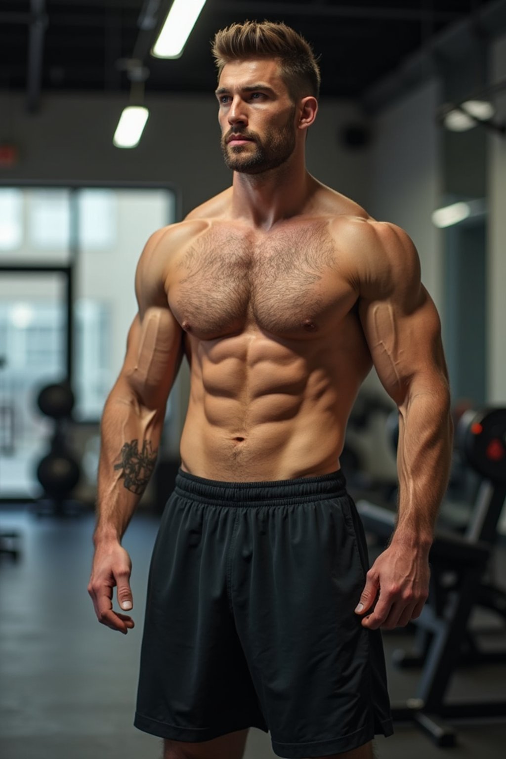 masculine  man in the gym wearing t-shirt and gym shorts