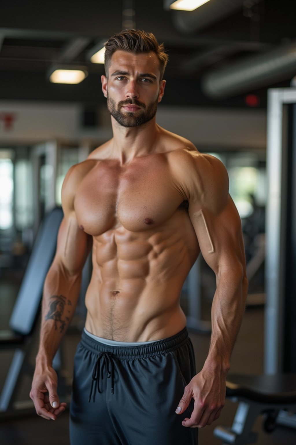 masculine  man in the gym wearing t-shirt and gym shorts