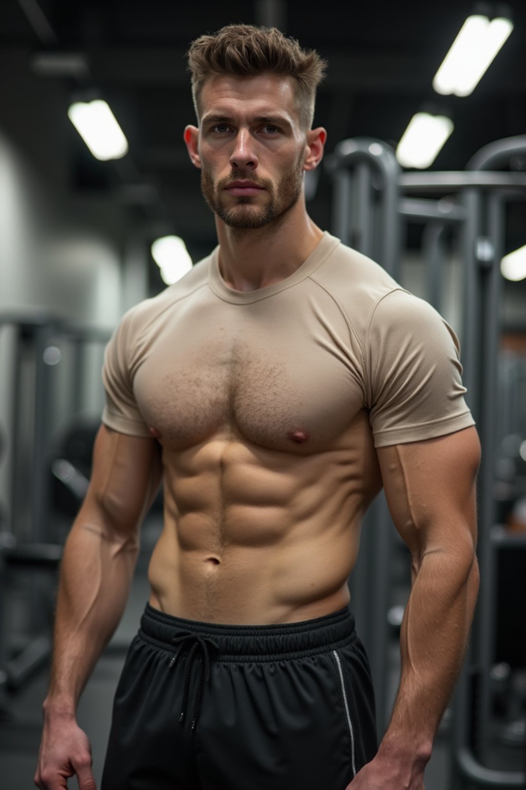 masculine  man in the gym wearing t-shirt and gym shorts