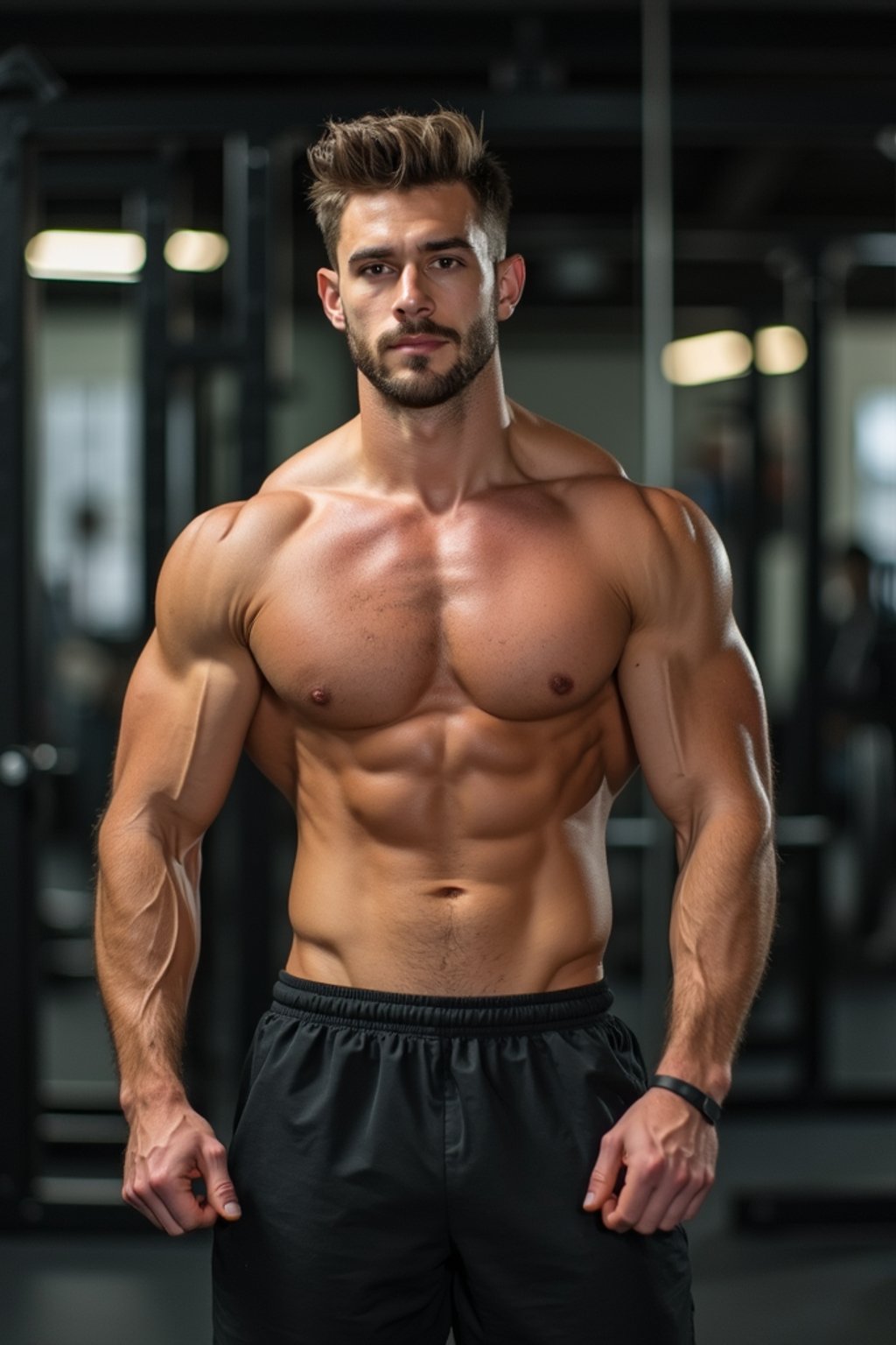 masculine  man in the gym wearing t-shirt and gym shorts