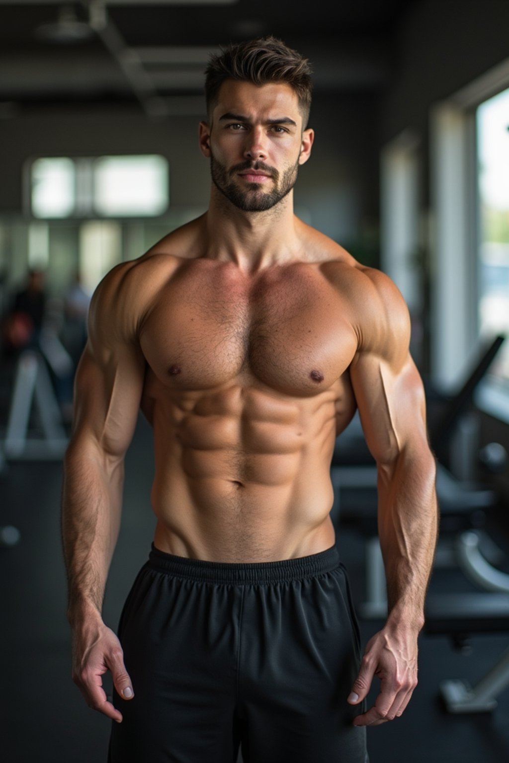 masculine  man in the gym wearing t-shirt and gym shorts