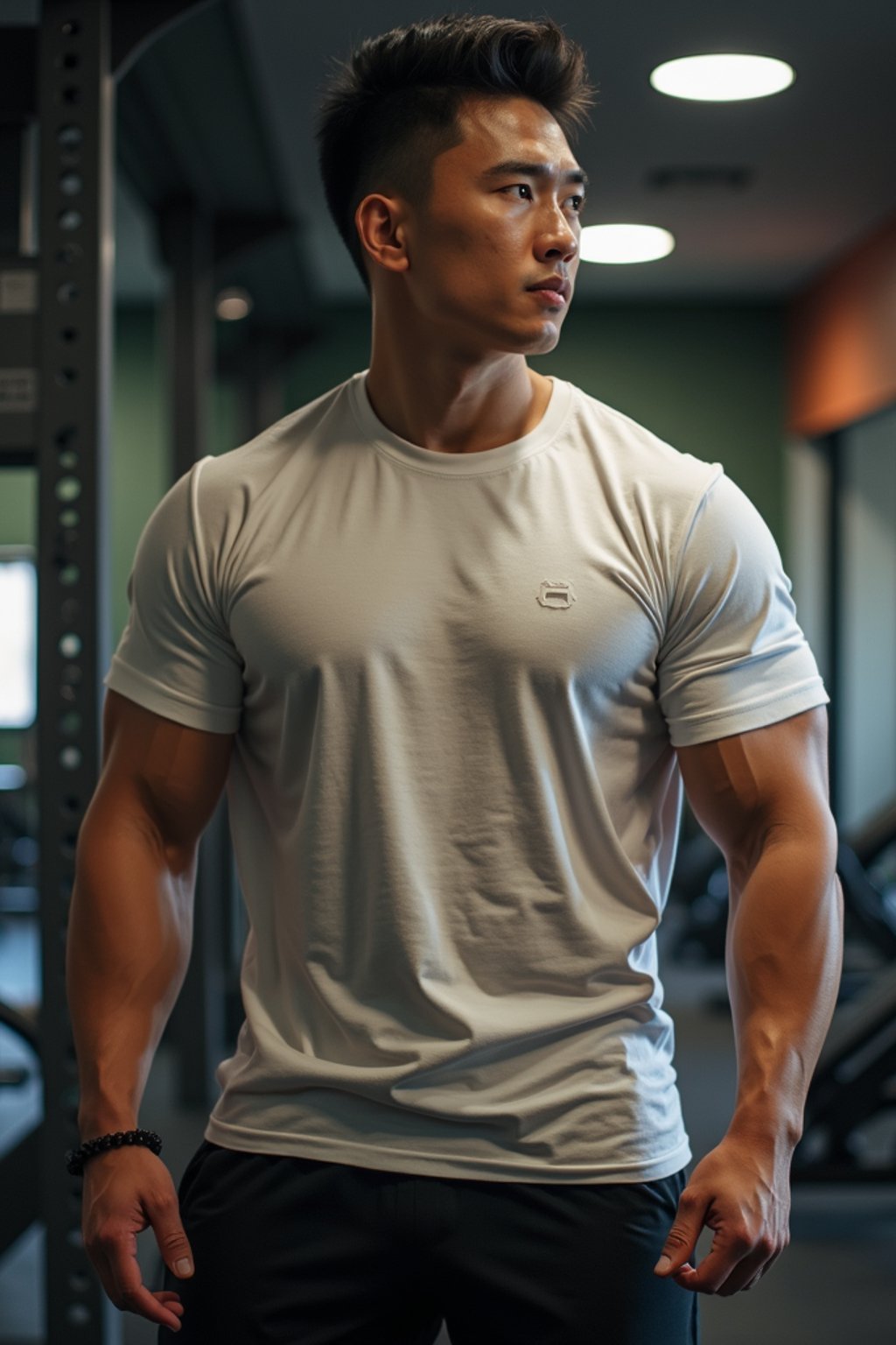 masculine  man in the gym wearing t-shirt and gym shorts