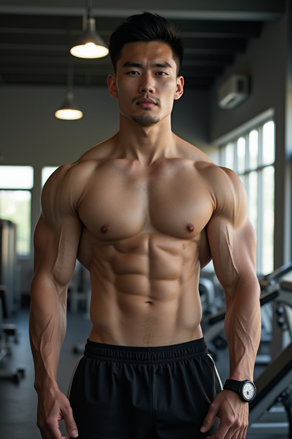 masculine  man in the gym wearing t-shirt and gym shorts