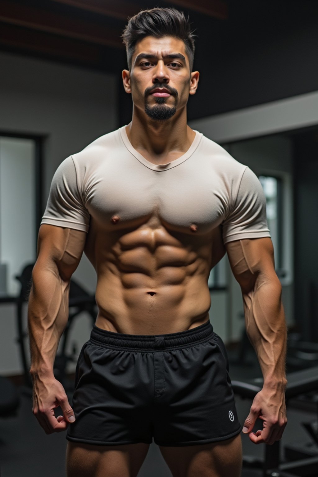 masculine  man in the gym wearing t-shirt and gym shorts