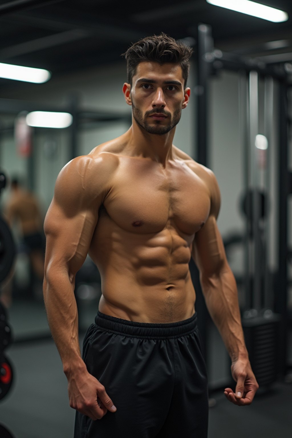 masculine  man in the gym wearing t-shirt and gym shorts