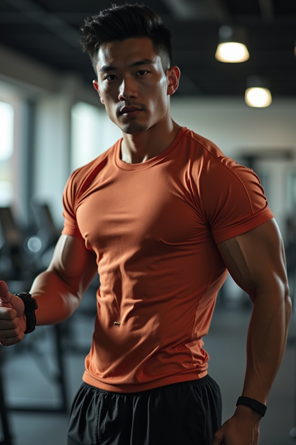 masculine  man in the gym wearing t-shirt and gym shorts