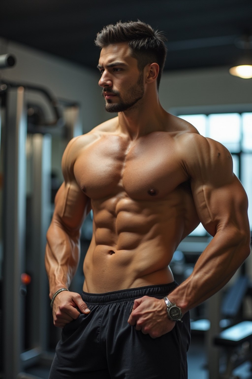 masculine  man in the gym wearing t-shirt and gym shorts