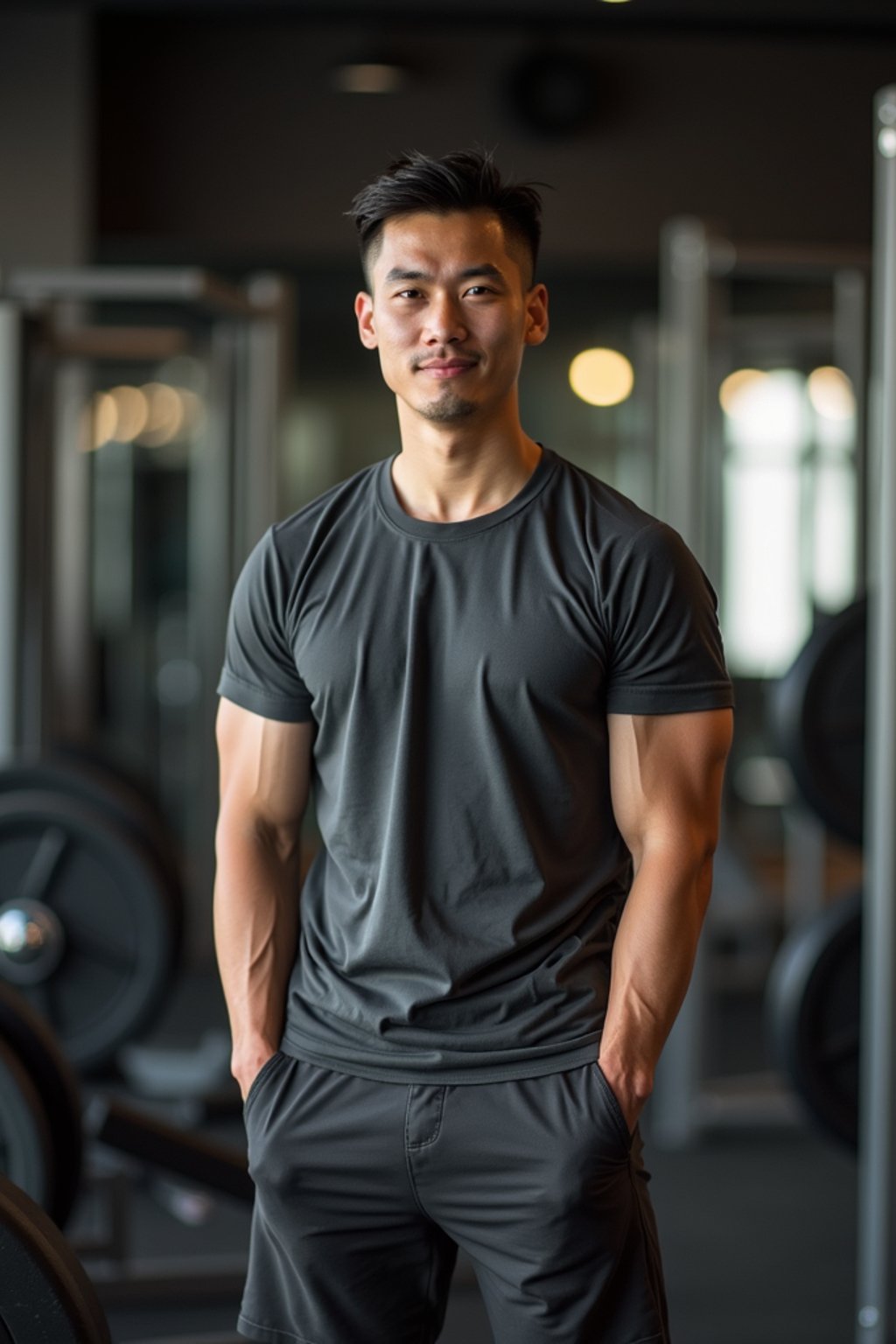 masculine  man in the gym wearing t-shirt and gym shorts