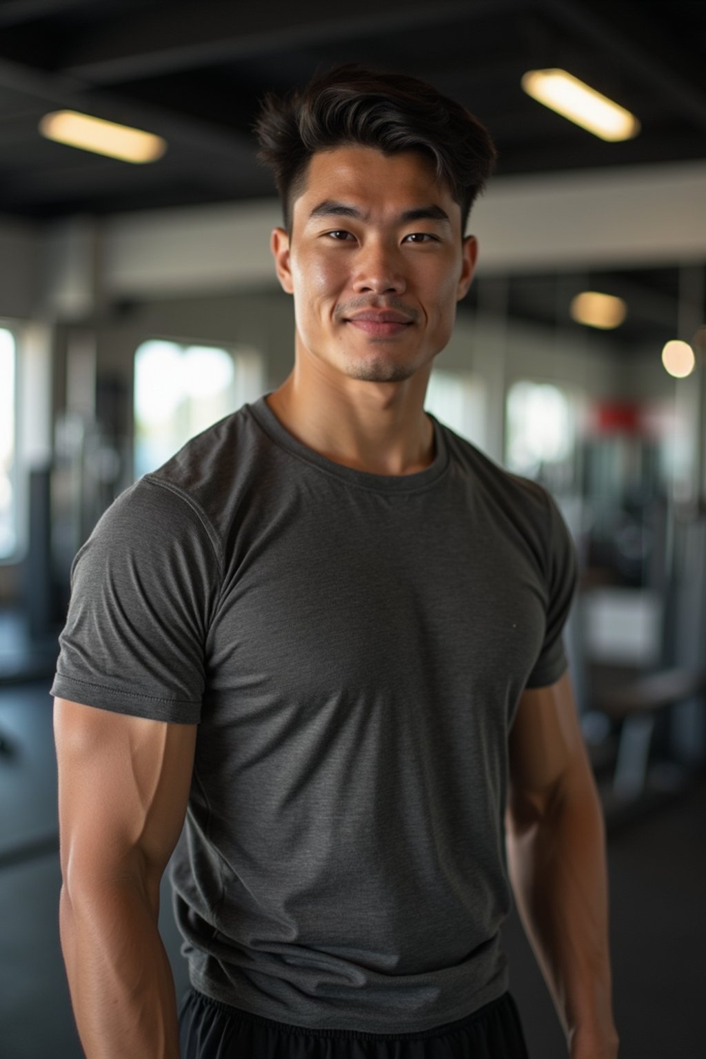 masculine  man in the gym wearing t-shirt and gym shorts