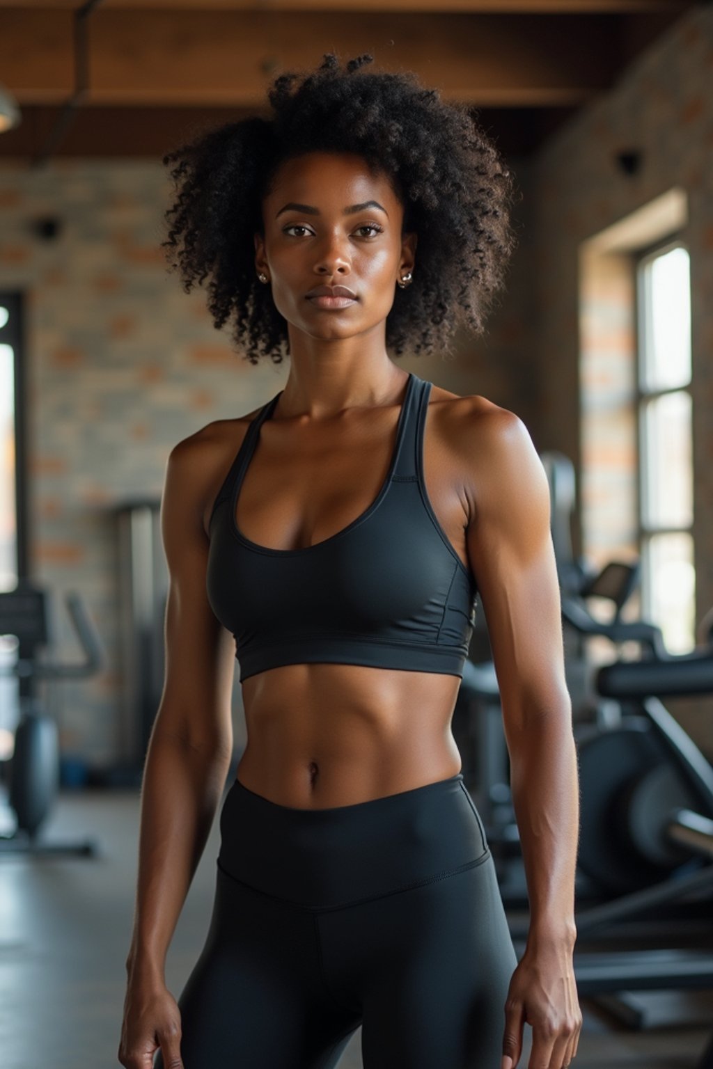 feminine woman in the gym wearing  sports bra and leggings