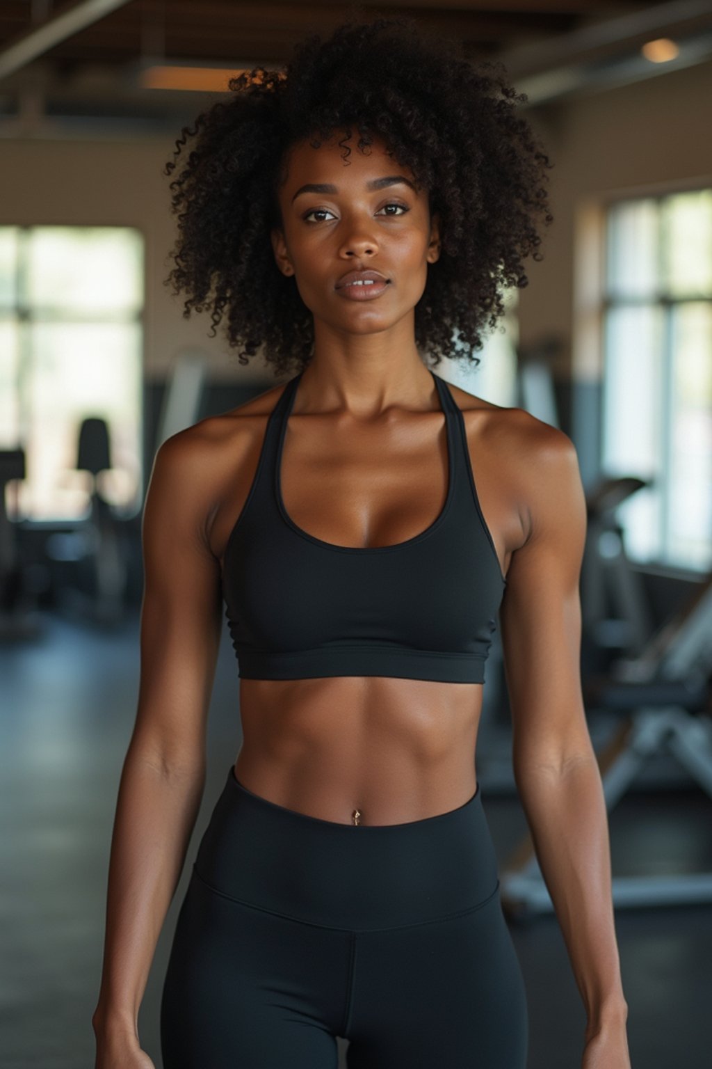 feminine woman in the gym wearing  sports bra and leggings