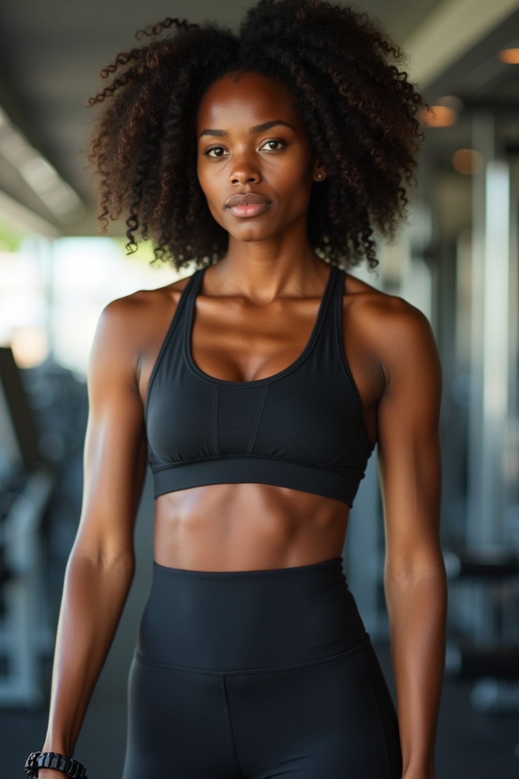 feminine woman in the gym wearing  sports bra and leggings