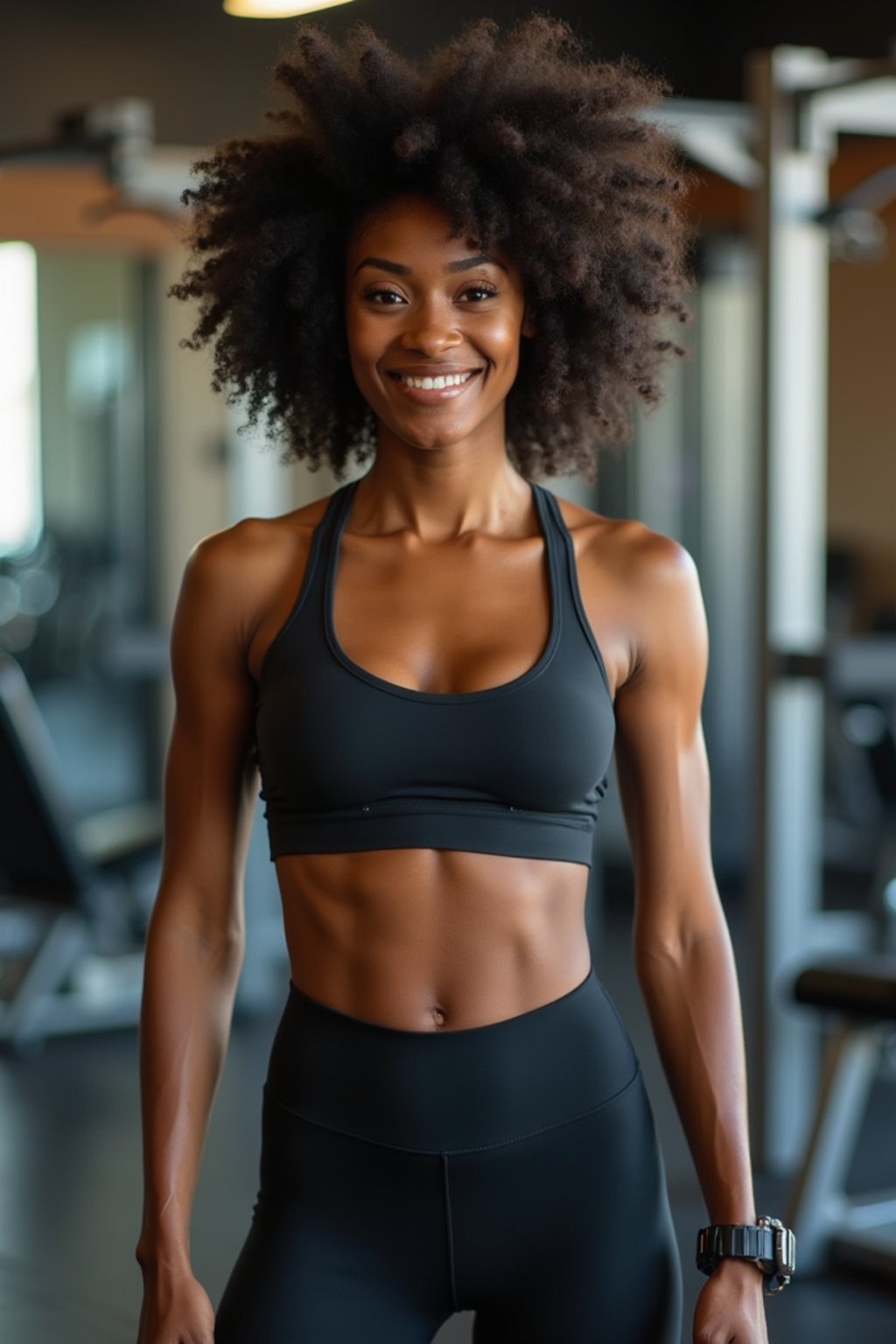 feminine woman in the gym wearing  sports bra and leggings