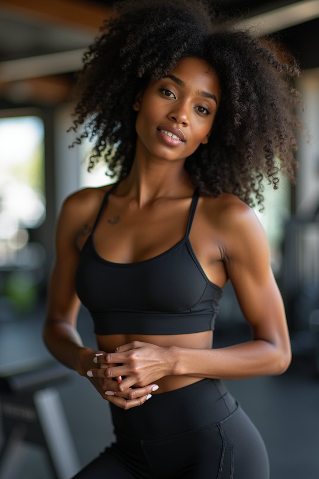 feminine woman in the gym wearing  sports bra and leggings