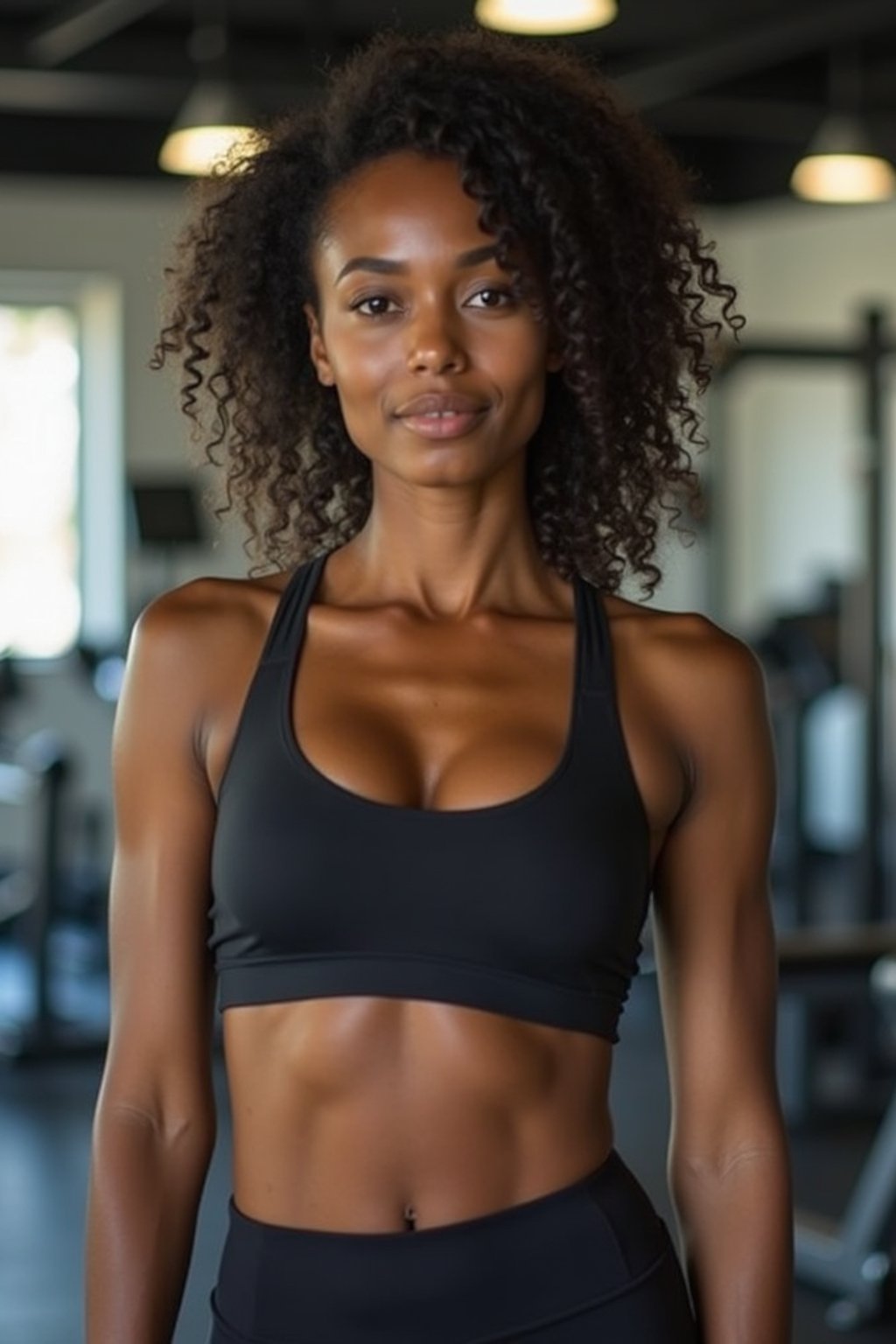 feminine woman in the gym wearing  sports bra and leggings