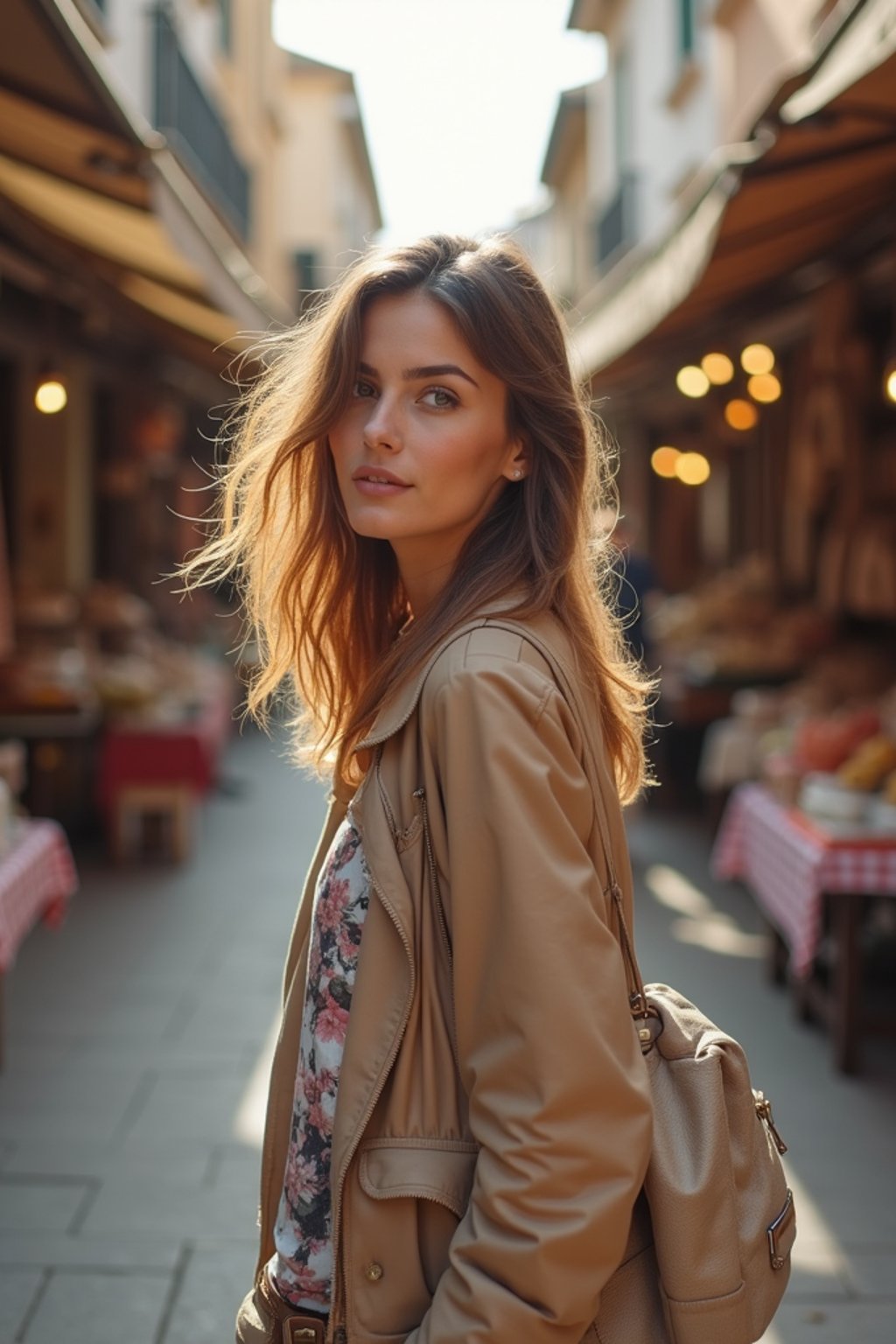 a stylish  feminine woman exploring a street market