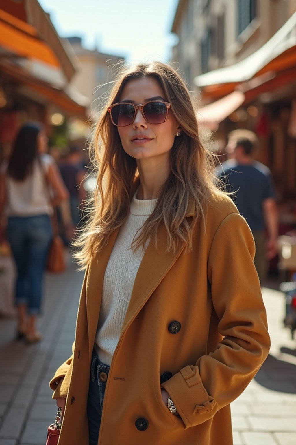 a stylish  feminine woman exploring a street market