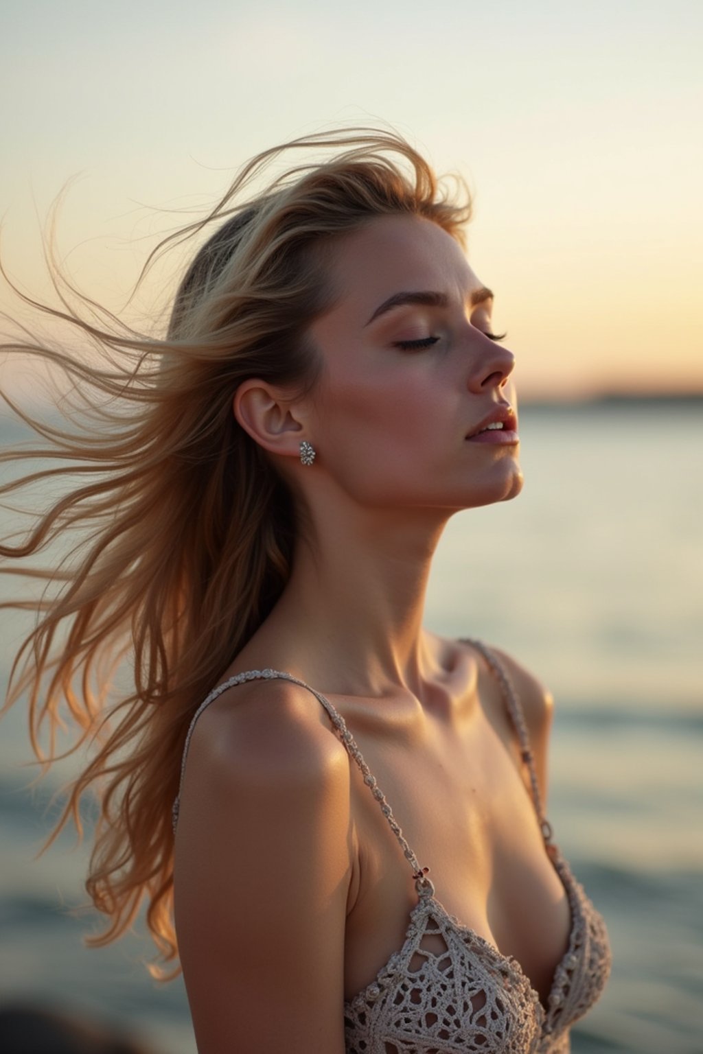 a captivating  feminine woman enjoying a peaceful moment by the waterfront