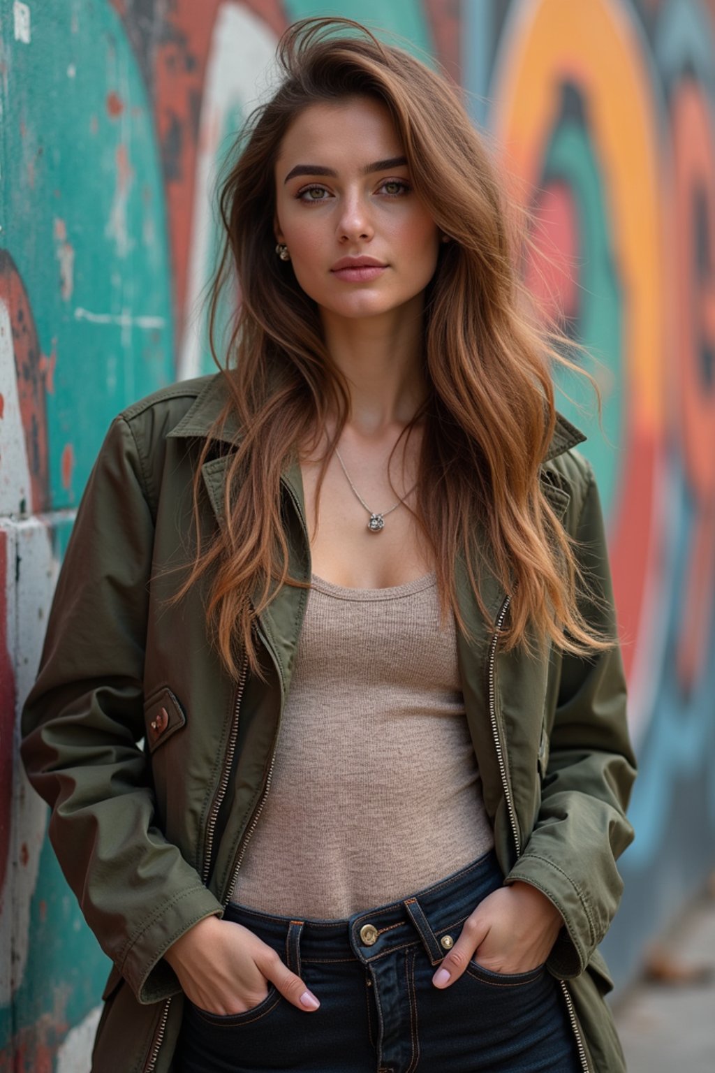 a fashionable  feminine woman posing in front of street art