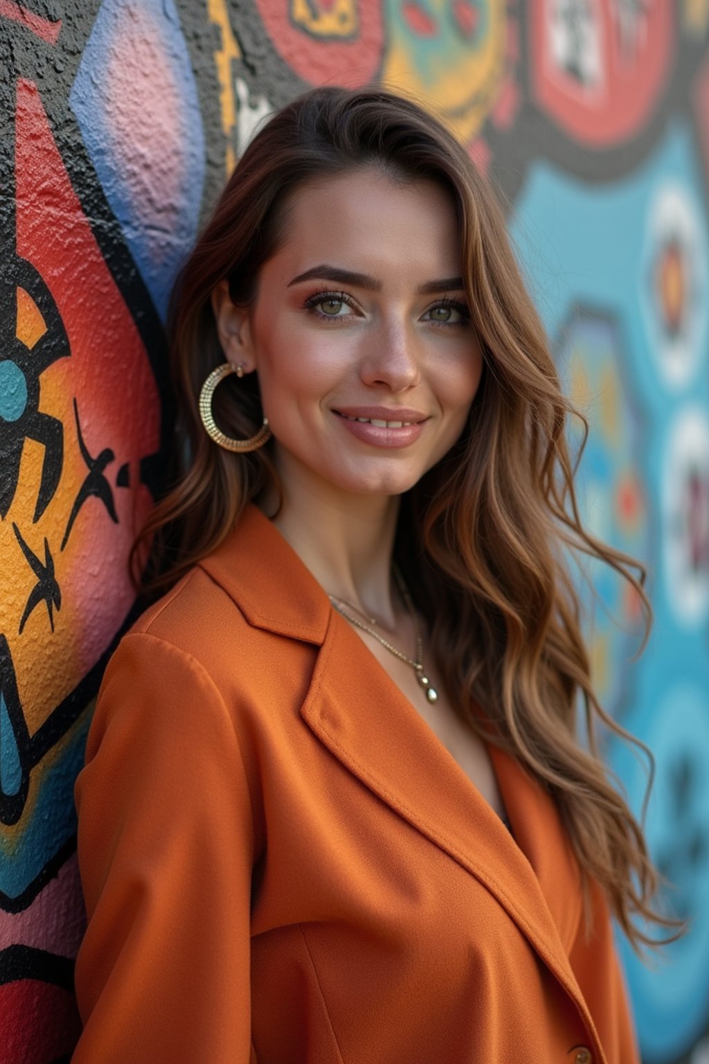 a fashionable  feminine woman posing in front of street art