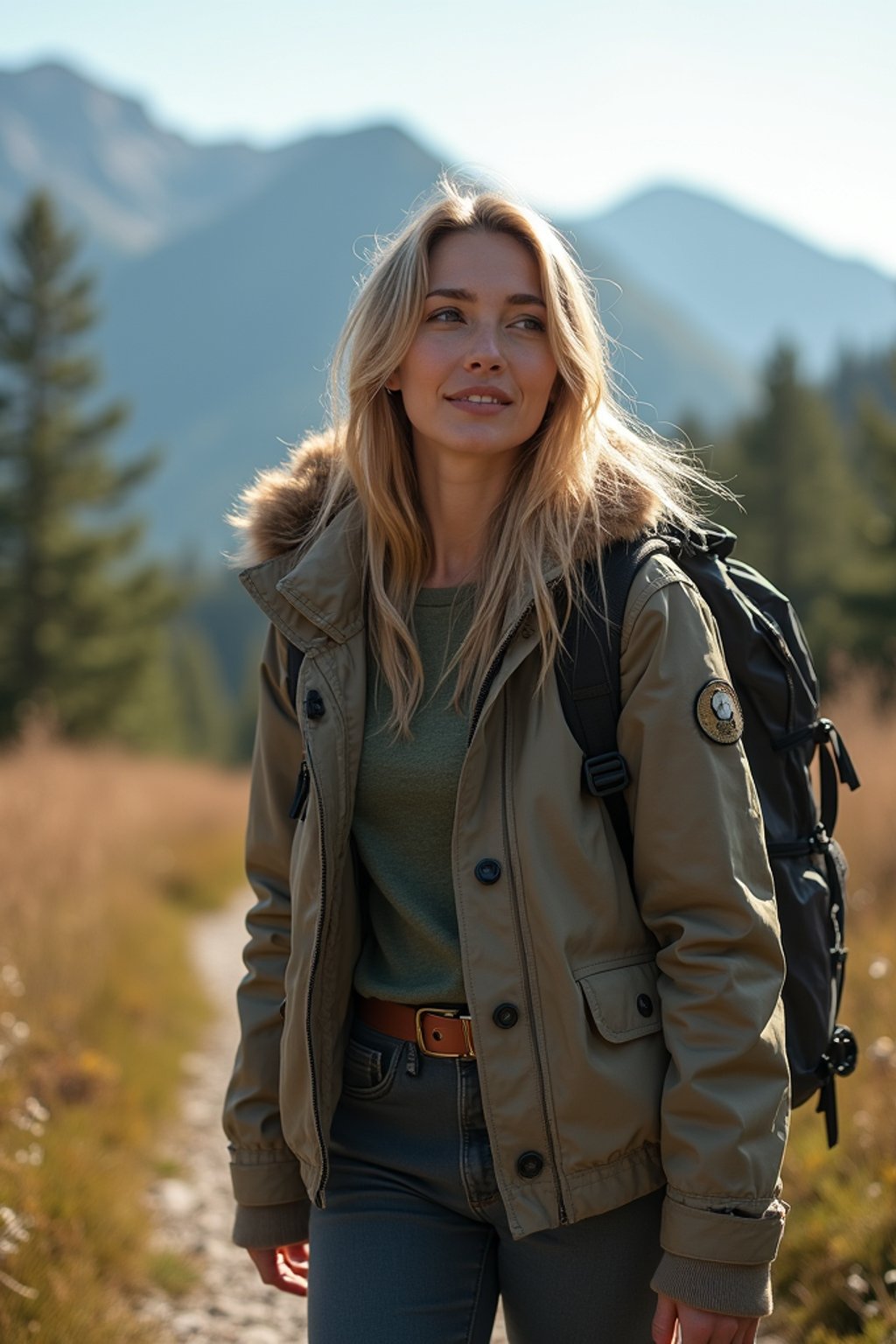 an adventurous  feminine woman hiking in the mountains