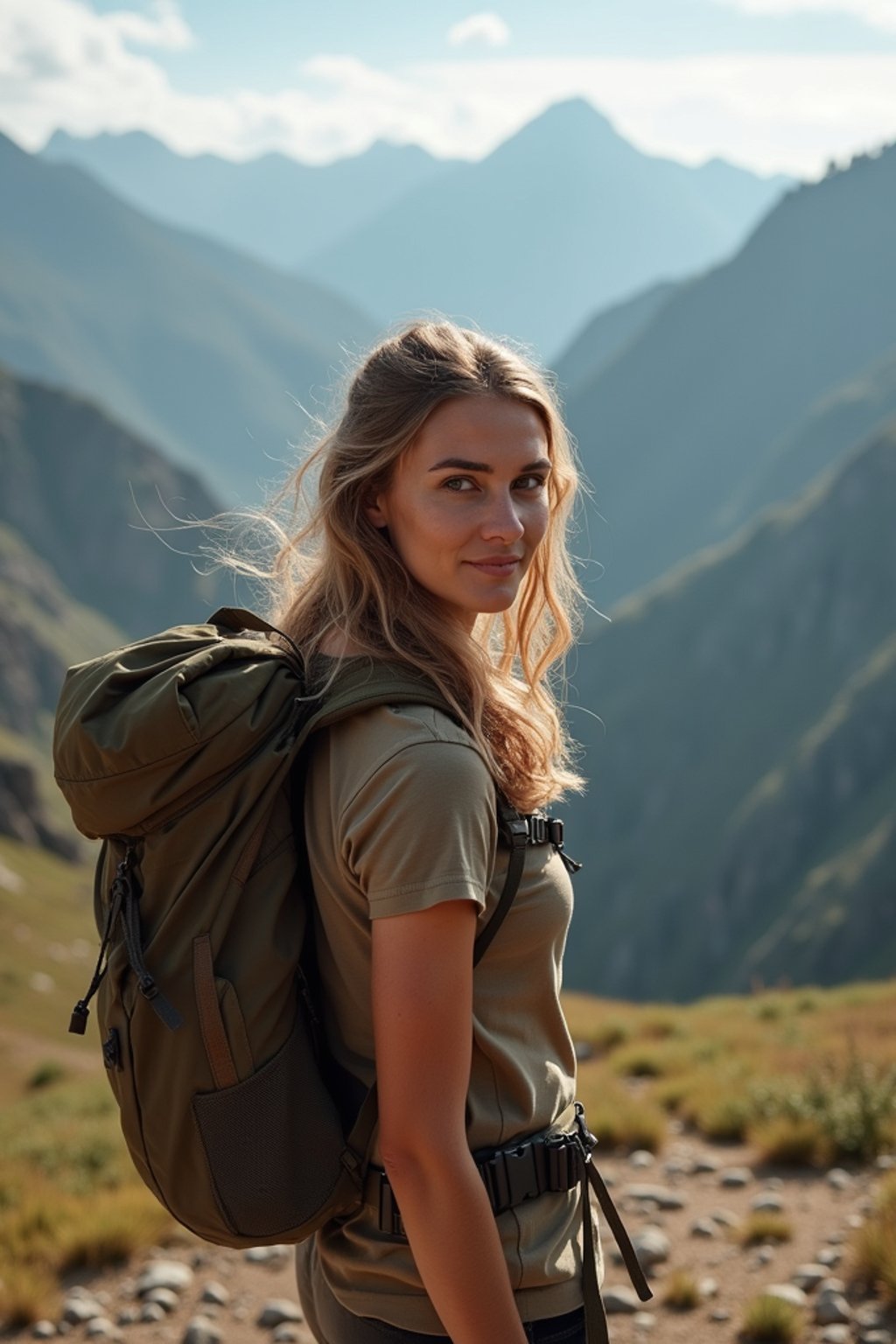 an adventurous  feminine woman hiking in the mountains