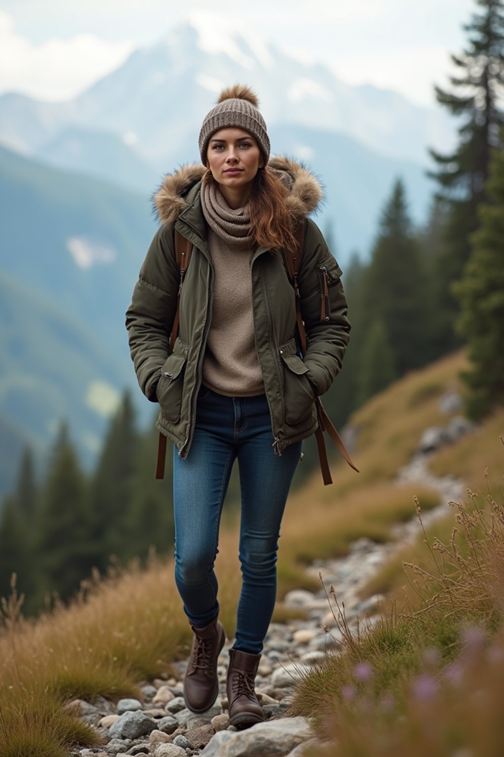 an adventurous  feminine woman hiking in the mountains