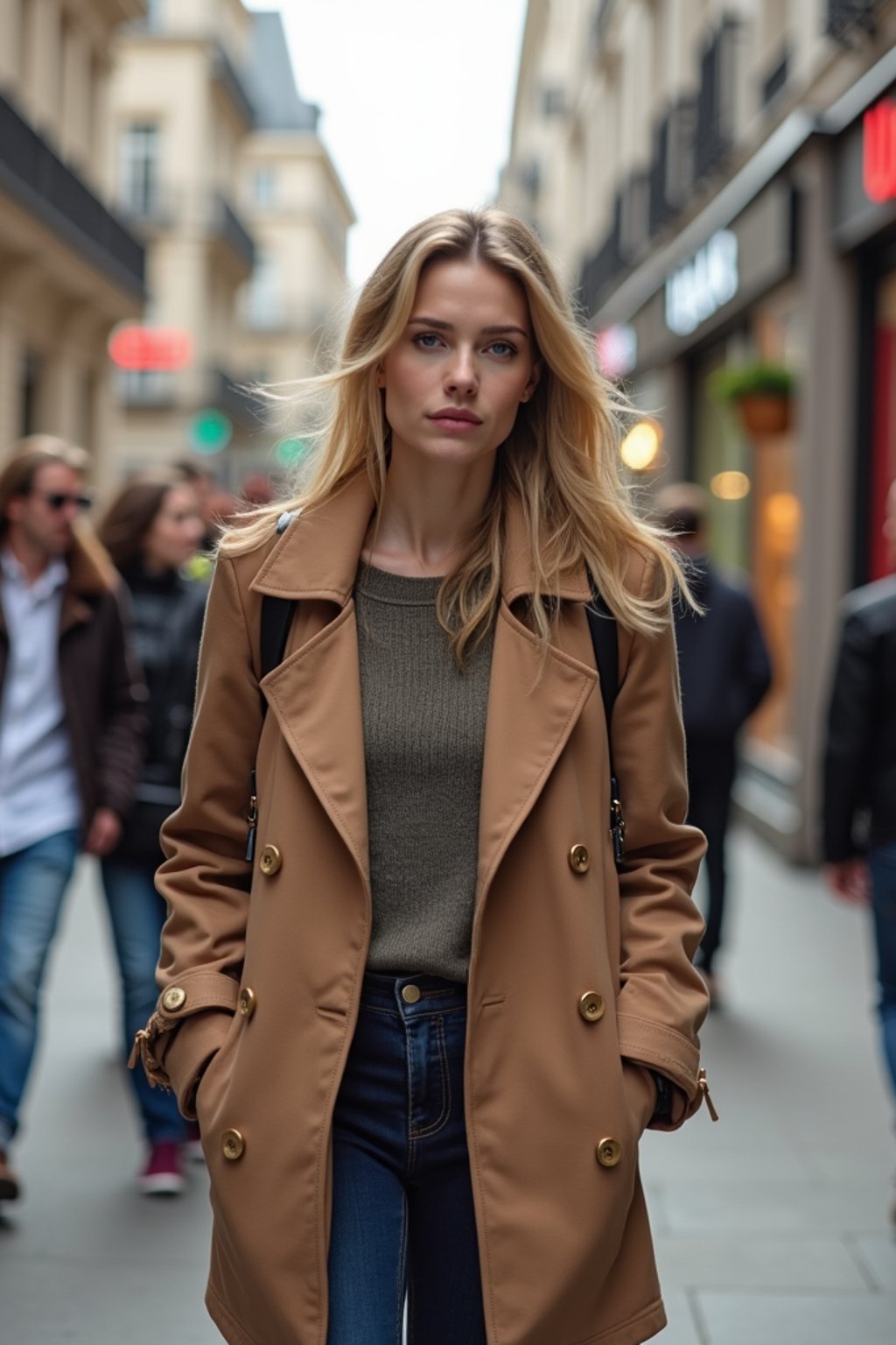 a confident  feminine woman exploring a bustling city street