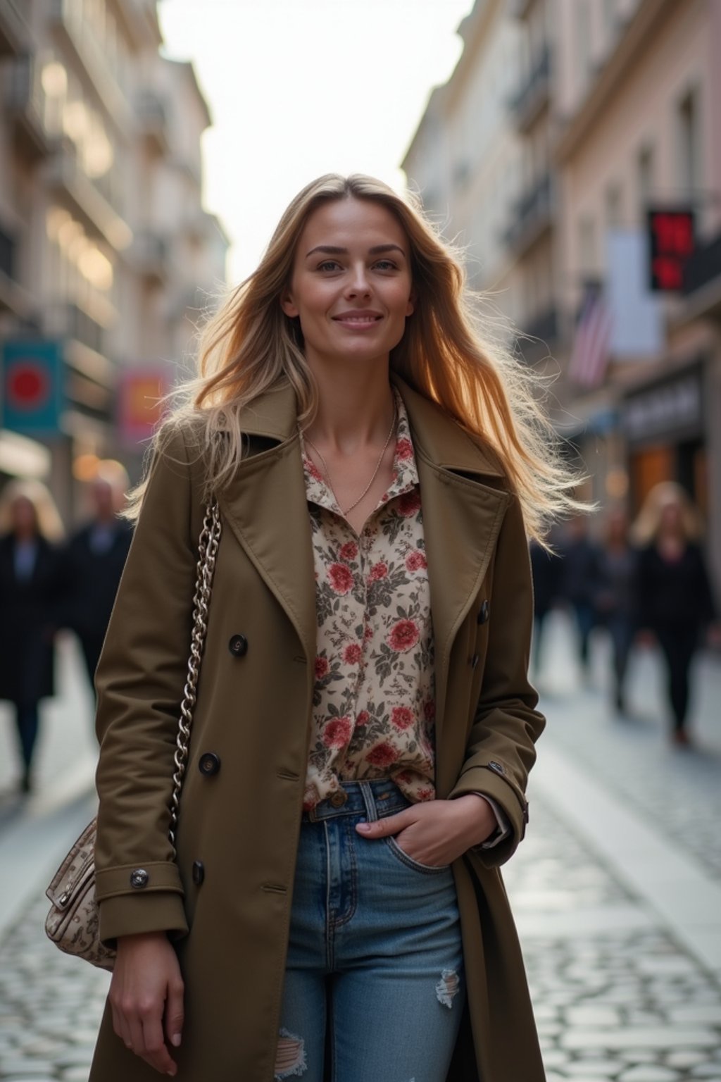 a confident  feminine woman exploring a bustling city street