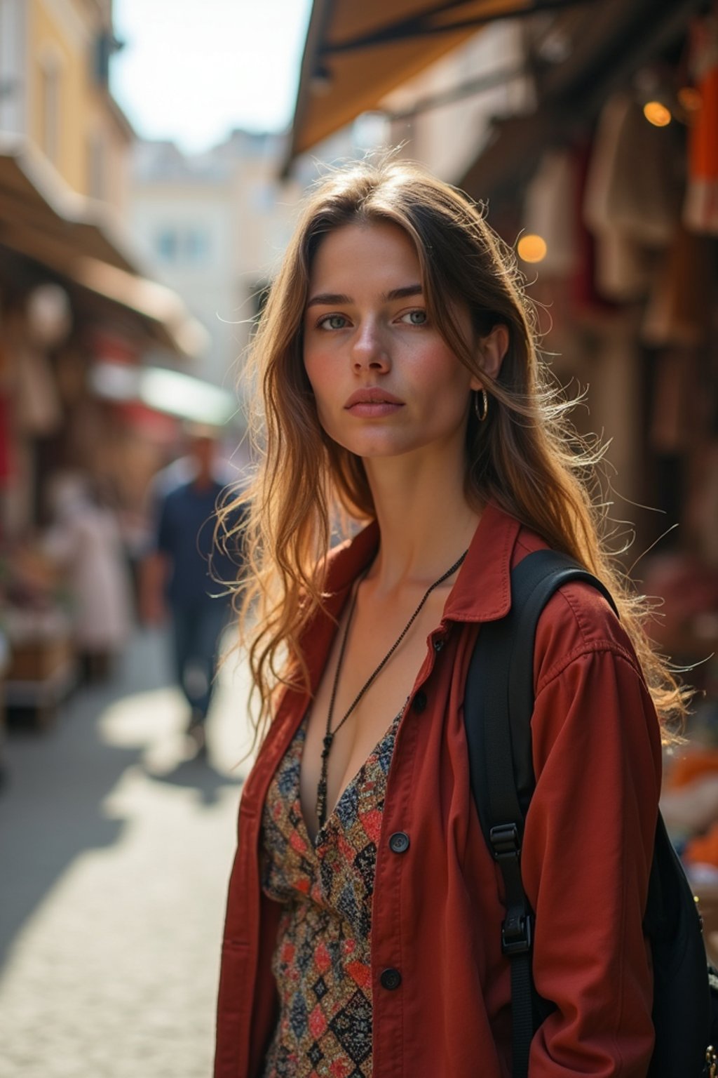 a charismatic  feminine woman exploring a street market