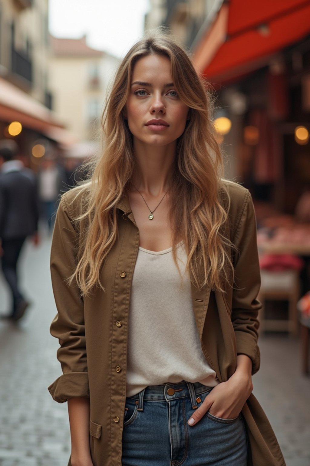 a charismatic  feminine woman exploring a street market