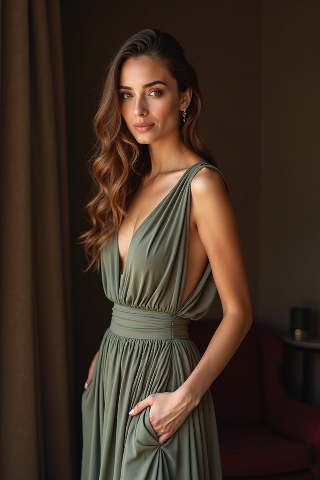 an alluring  feminine woman dressed in elegant evening wear