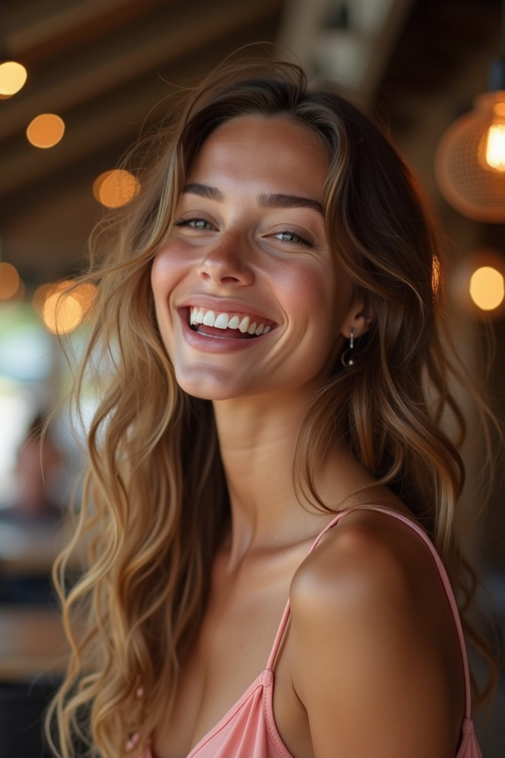 feminine woman laughing and hanging out with friends