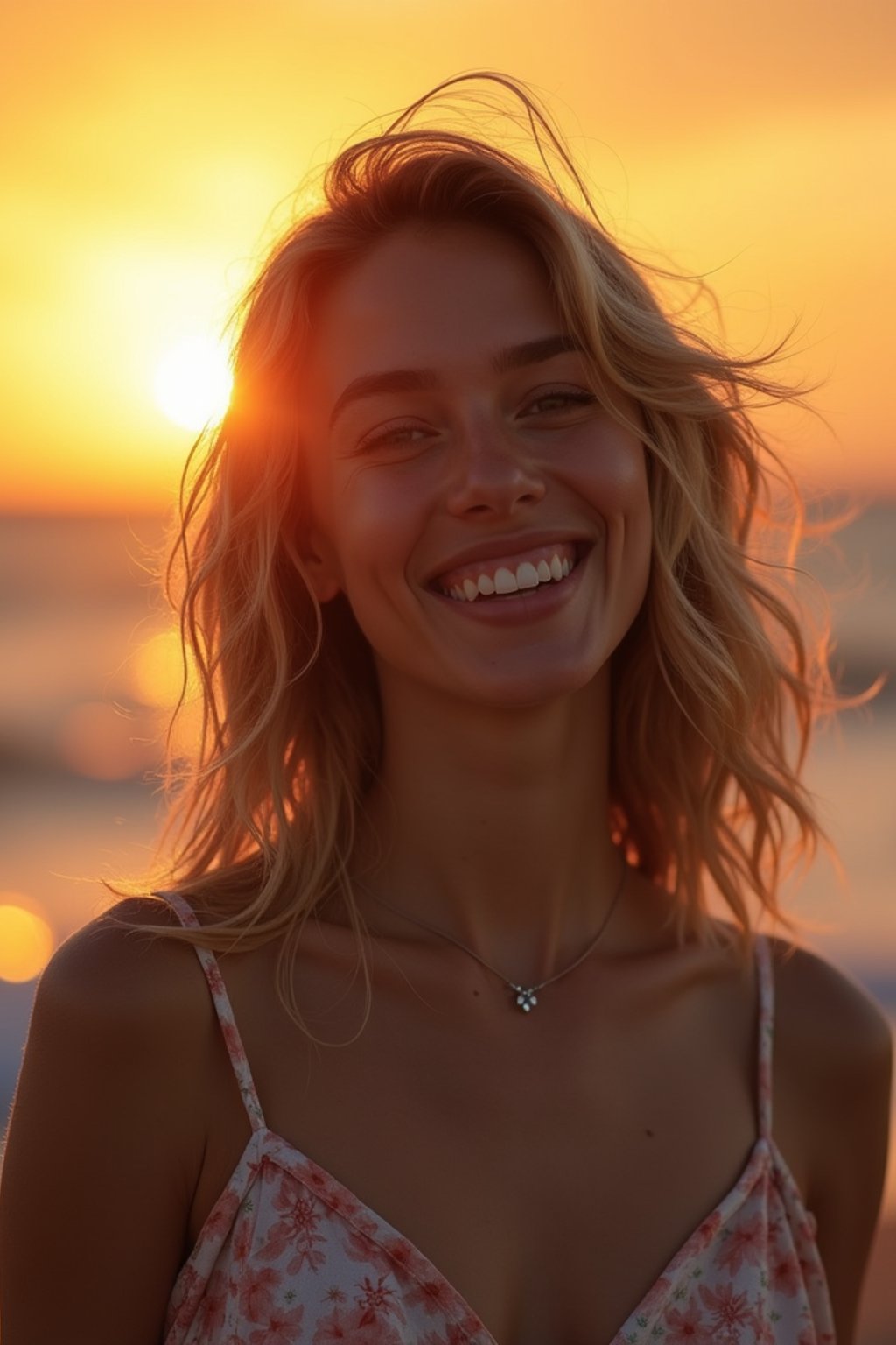 feminine woman enjoying a sunset at a beach or park