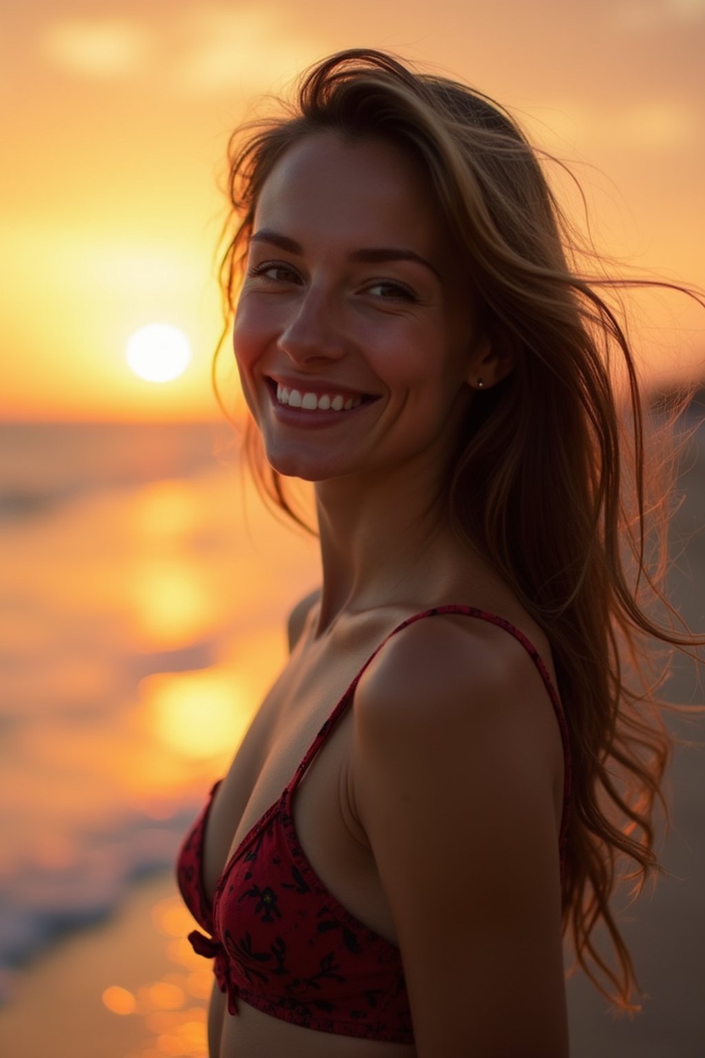 feminine woman enjoying a sunset at a beach or park