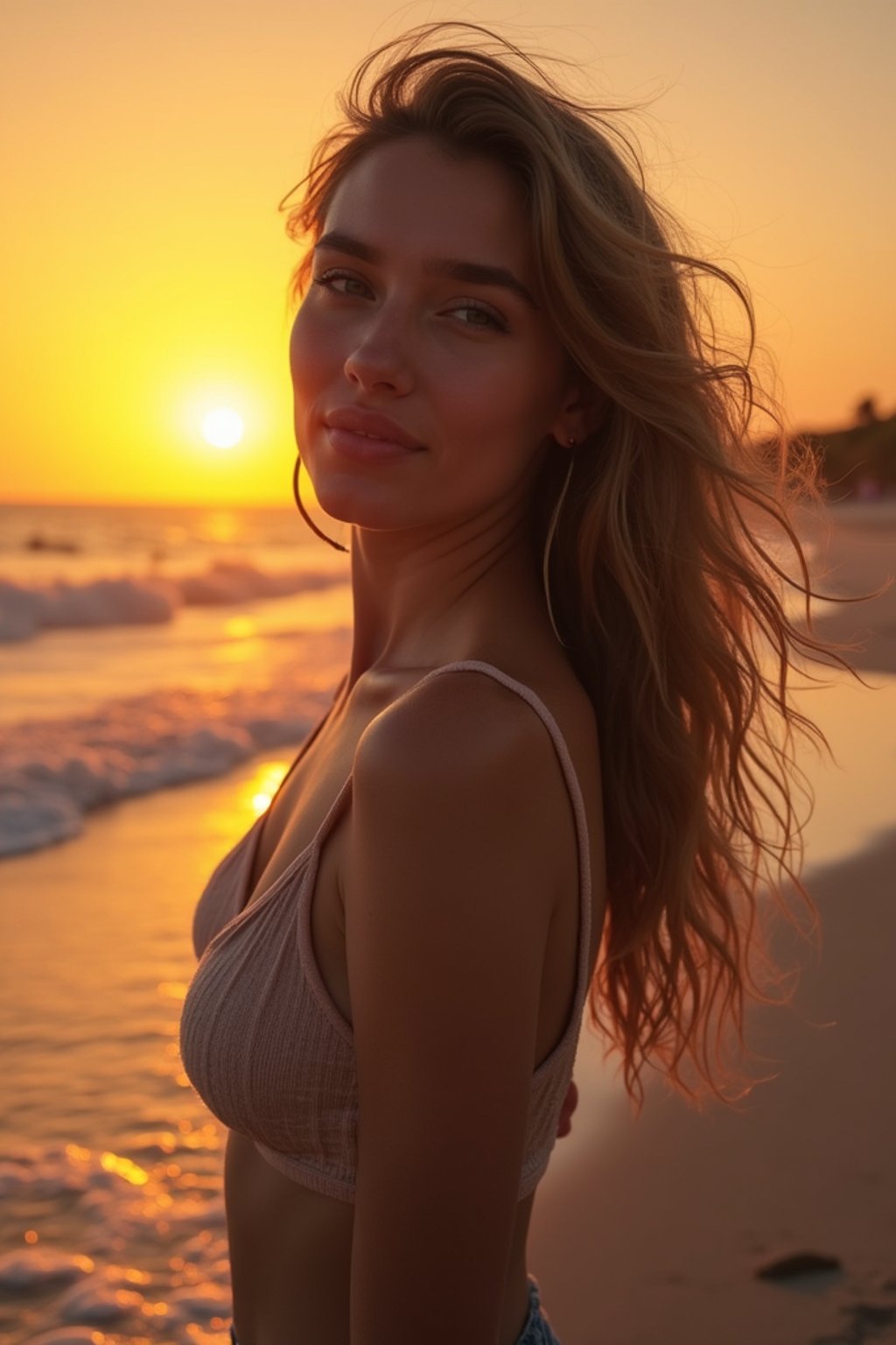 feminine woman enjoying a sunset at a beach or park