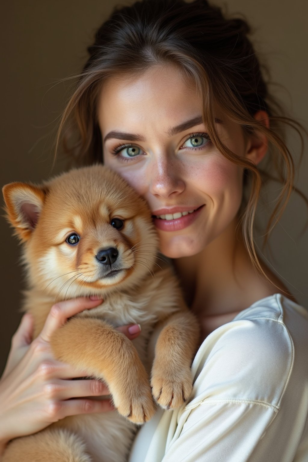 feminine woman posing with a cute pet