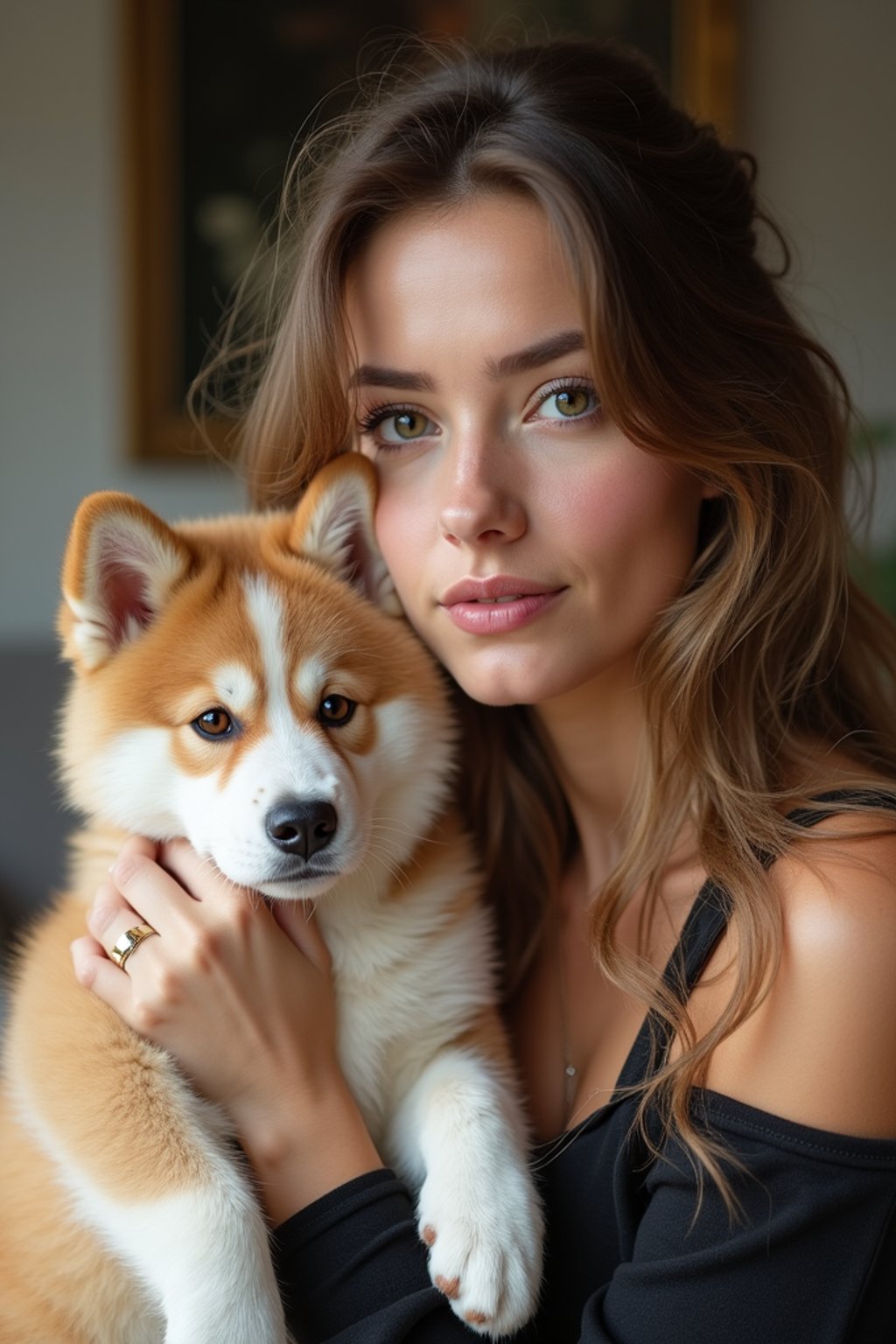 feminine woman posing with a cute pet