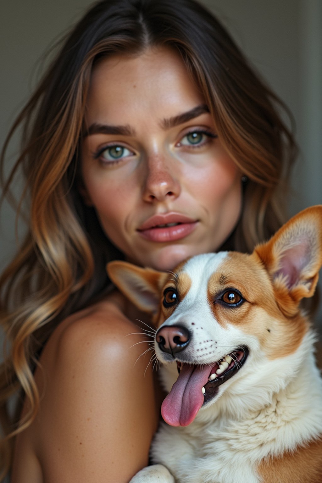 feminine woman posing with a cute pet