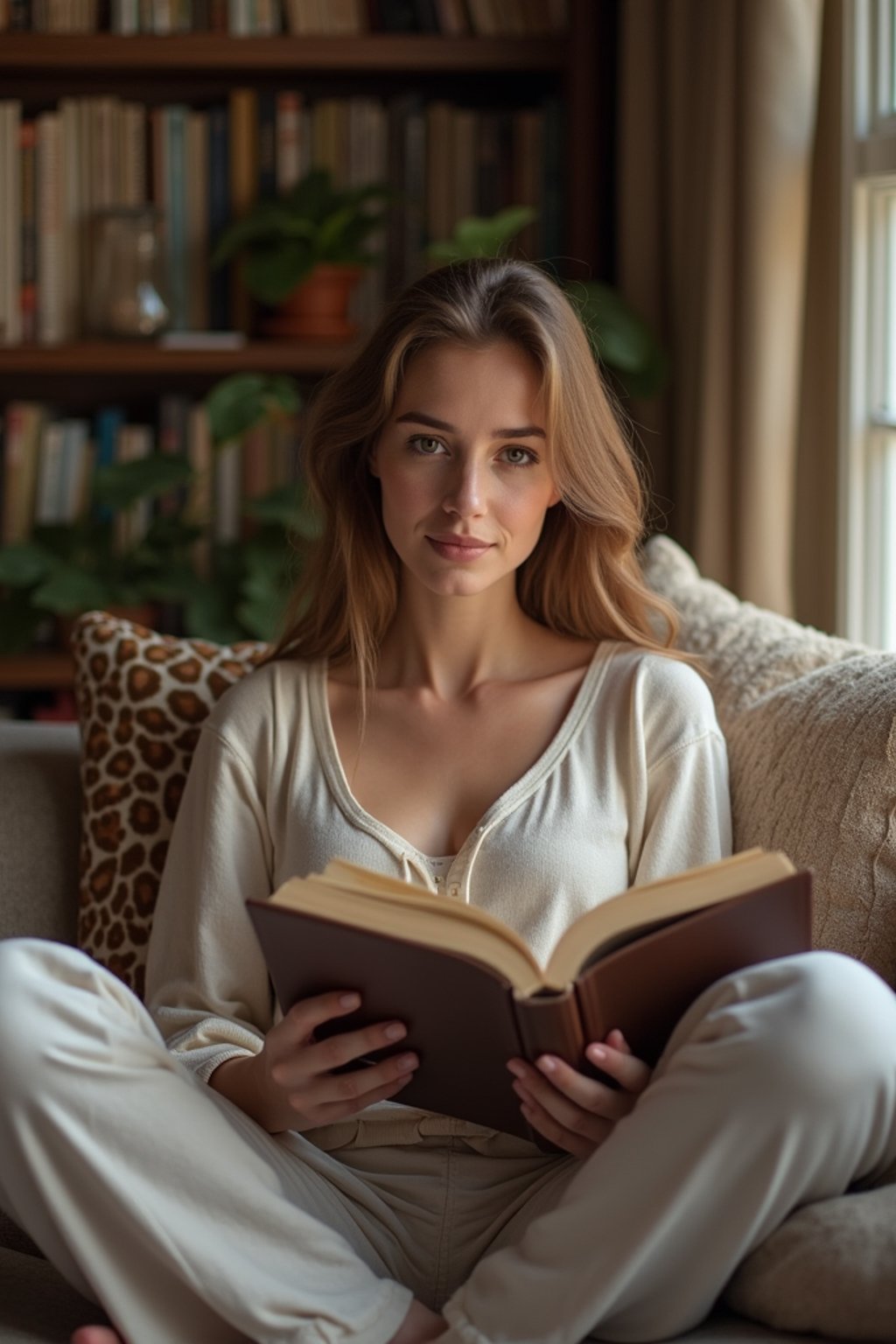 feminine woman reading a book in a cozy home environment