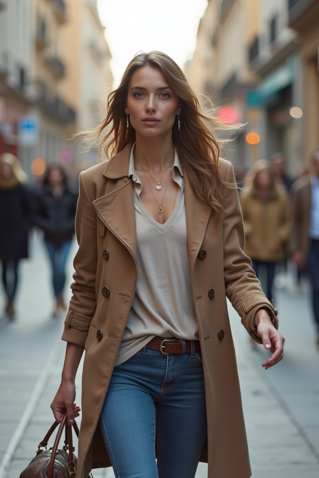 feminine woman taking a casual stroll through a cityscape