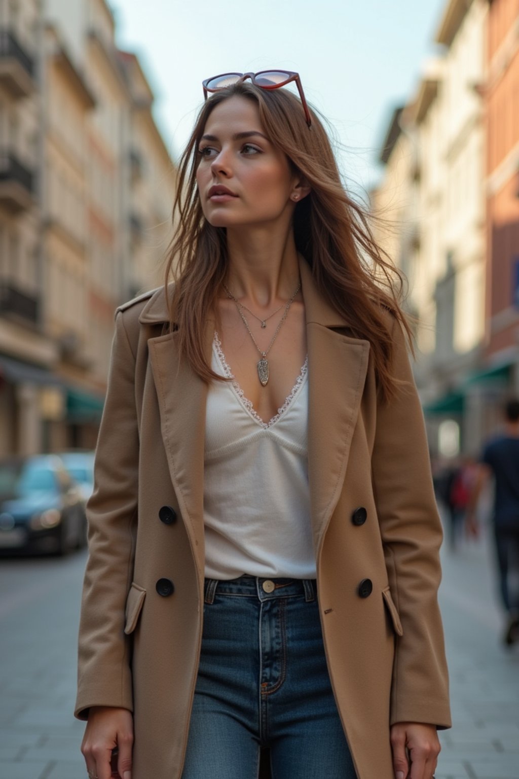 feminine woman taking a casual stroll through a cityscape