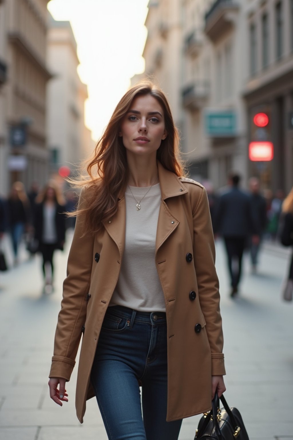 feminine woman taking a casual stroll through a cityscape