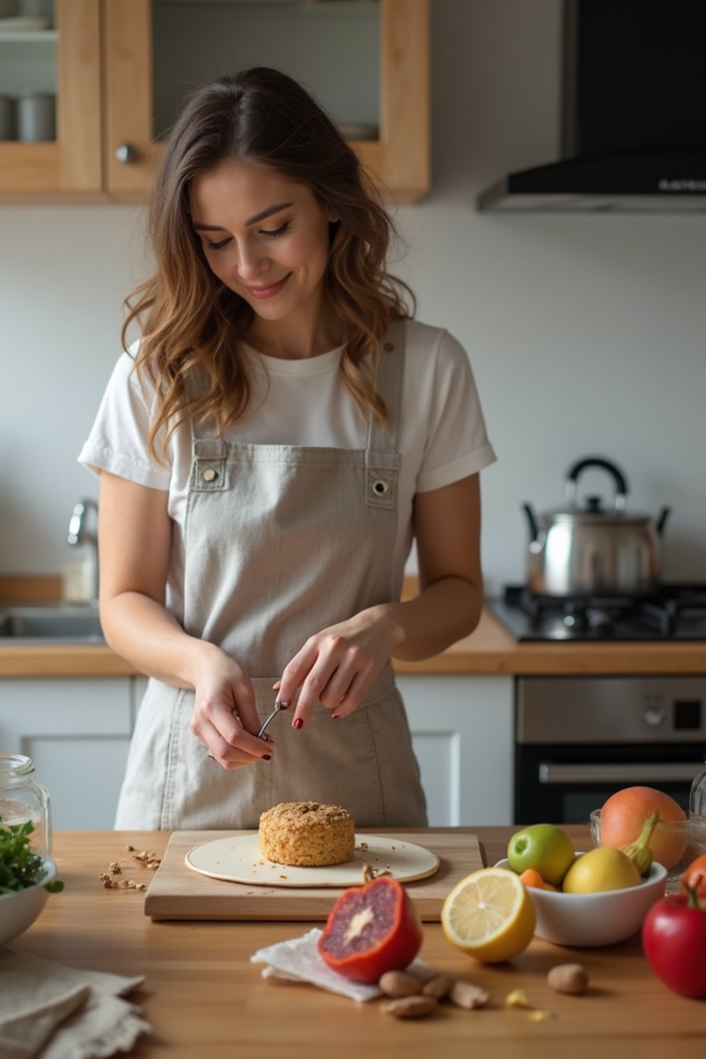 feminine woman cooking or baking in a modern kitchen