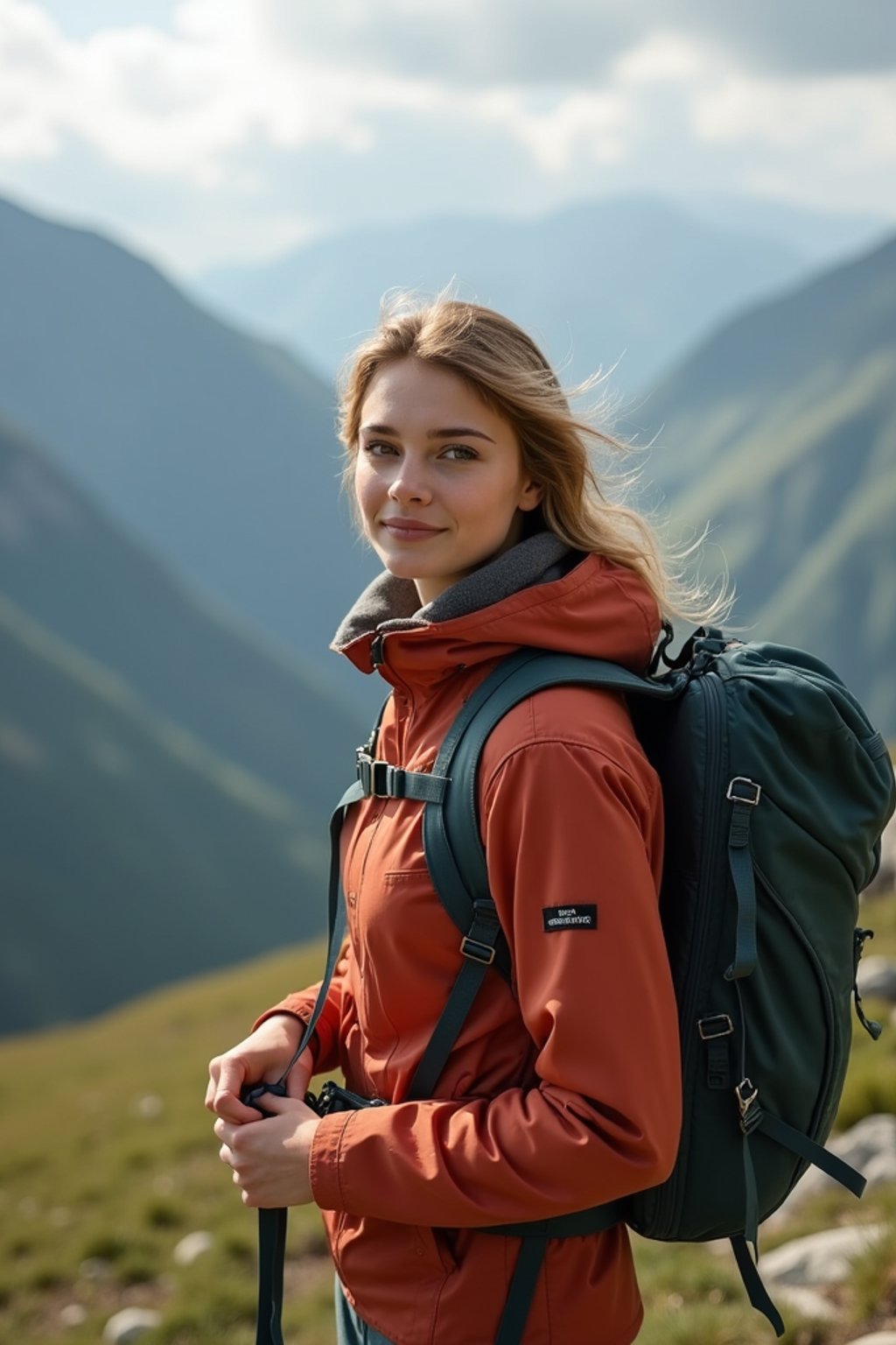 feminine woman in going hiking outdoors in mountains