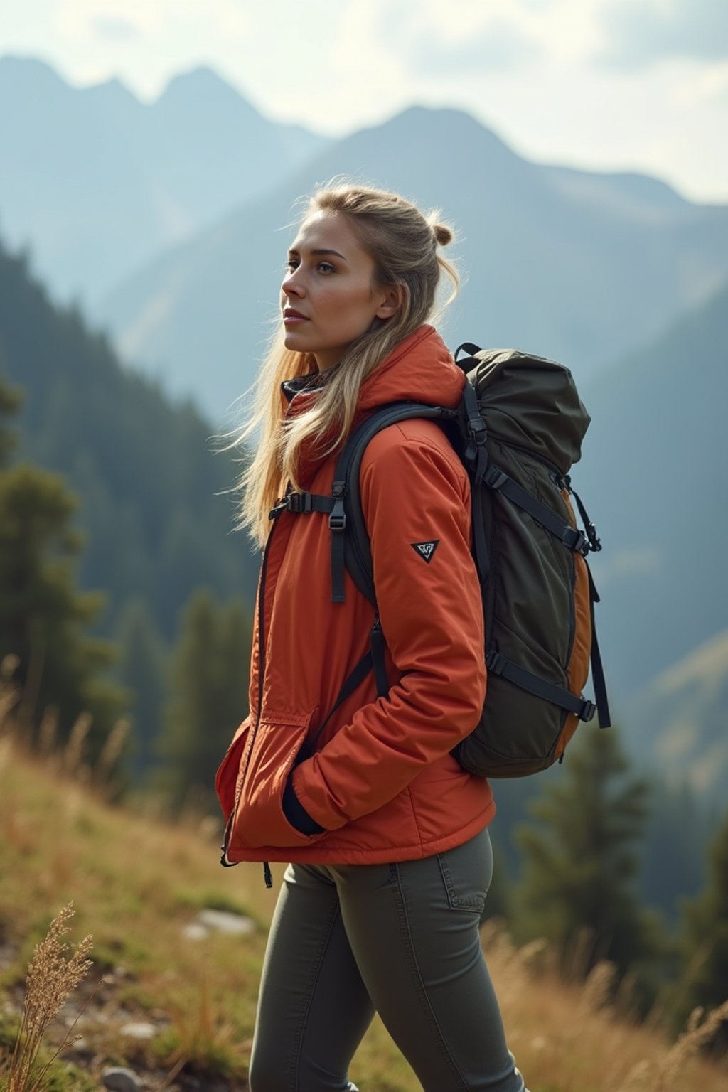 feminine woman in going hiking outdoors in mountains