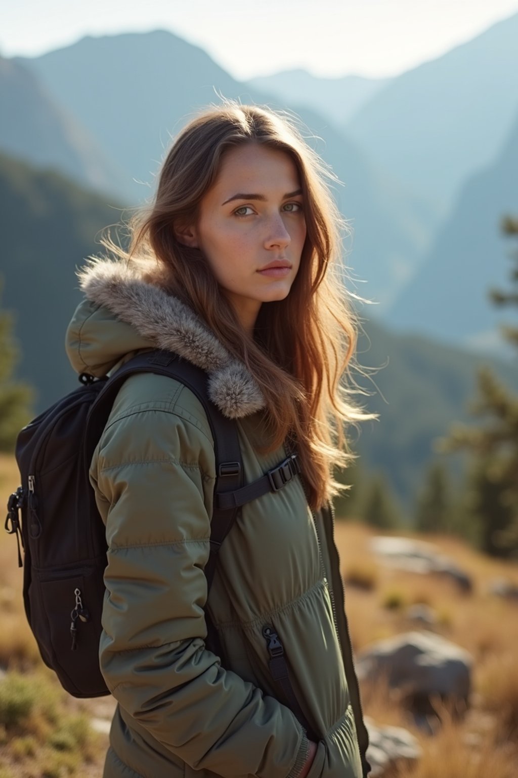 feminine woman in going hiking outdoors in mountains