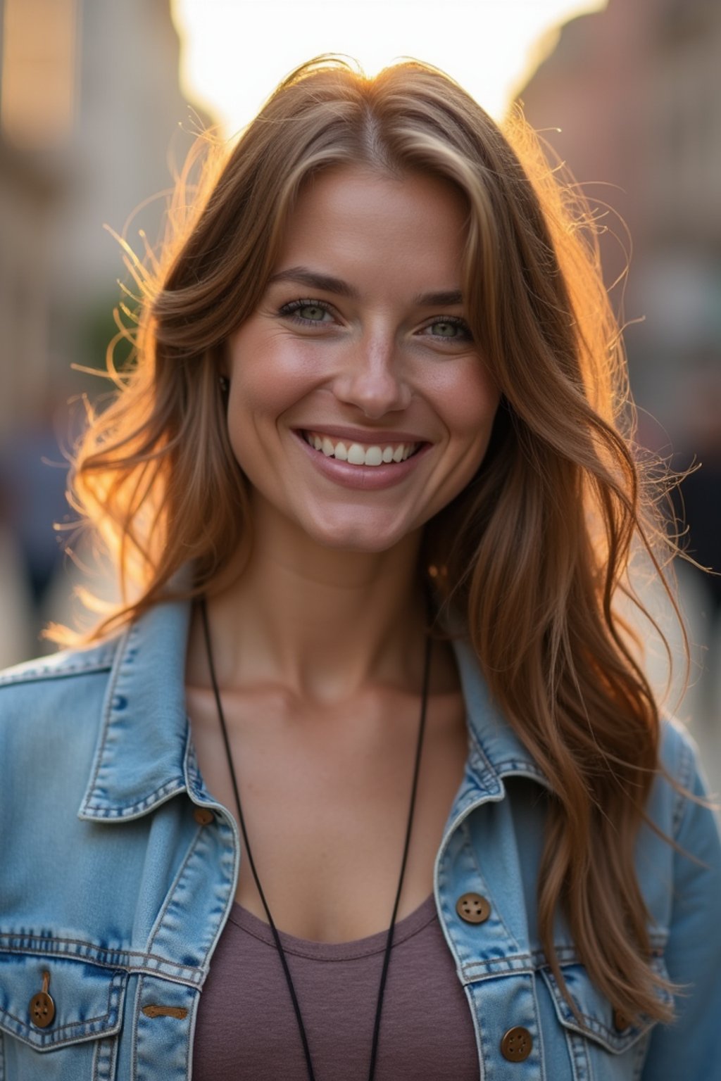 headshot of smiling woman wearing casual clothes posing for dating app headshot. outdoor blurry background. the lighting is warm, possibly from a setting sun, creating a soft glow around him, enhancing the casual and relaxed vibe of the image. the setting seems to be outdoors, likely in an urban environment, with the blurred background hinting at a street or park-like area. this image likely portrays a youthful, active, and approachable individual, possibly in a lifestyle or fashion-related context.